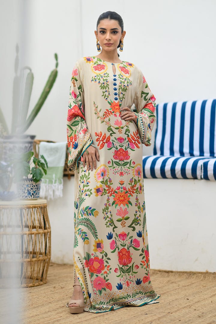 Beige Floral Printed Kaftan Dress