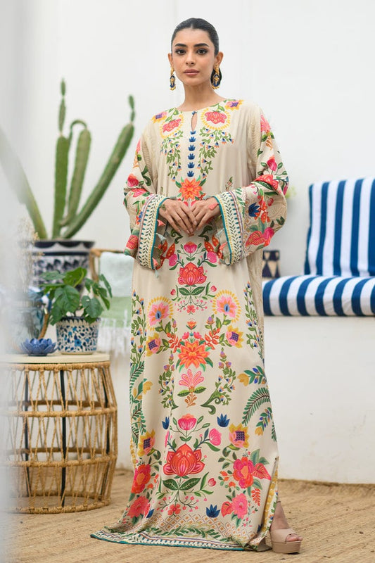Beige Floral Printed Kaftan Dress