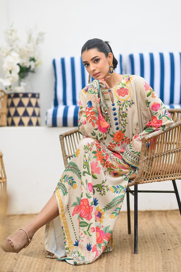 Beige Floral Printed Kaftan Dress
