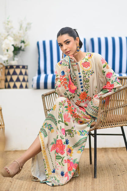 Beige Floral Printed Kaftan Dress