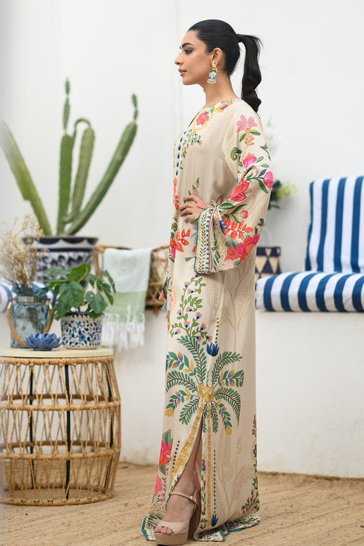 Beige Floral Printed Kaftan Dress