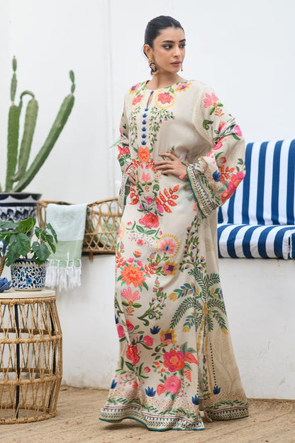 Beige Floral Printed Kaftan Dress
