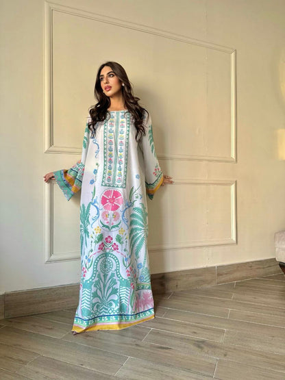 White Botanical Printed Kaftan Dress
