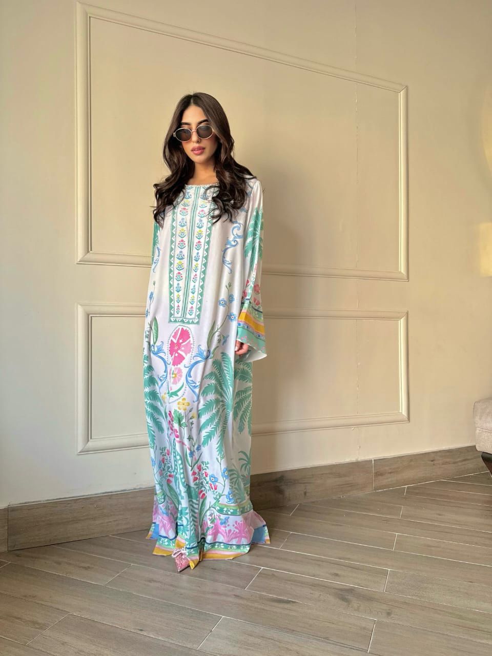 White Botanical Printed Kaftan Dress