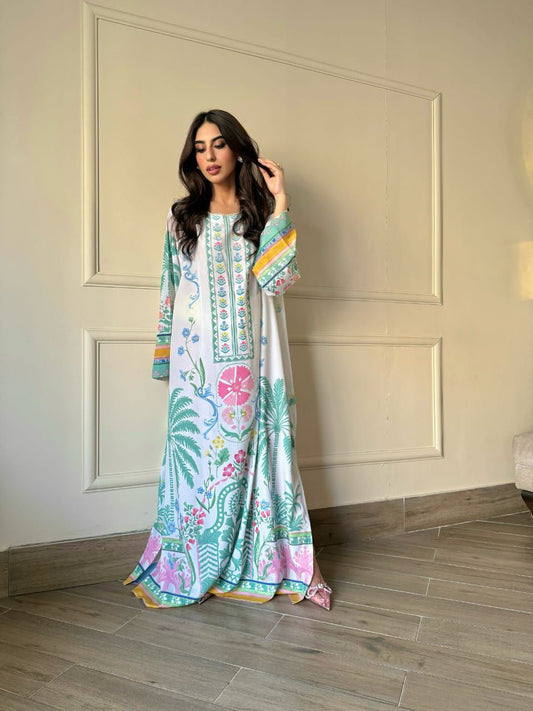 White Botanical Printed Kaftan Dress