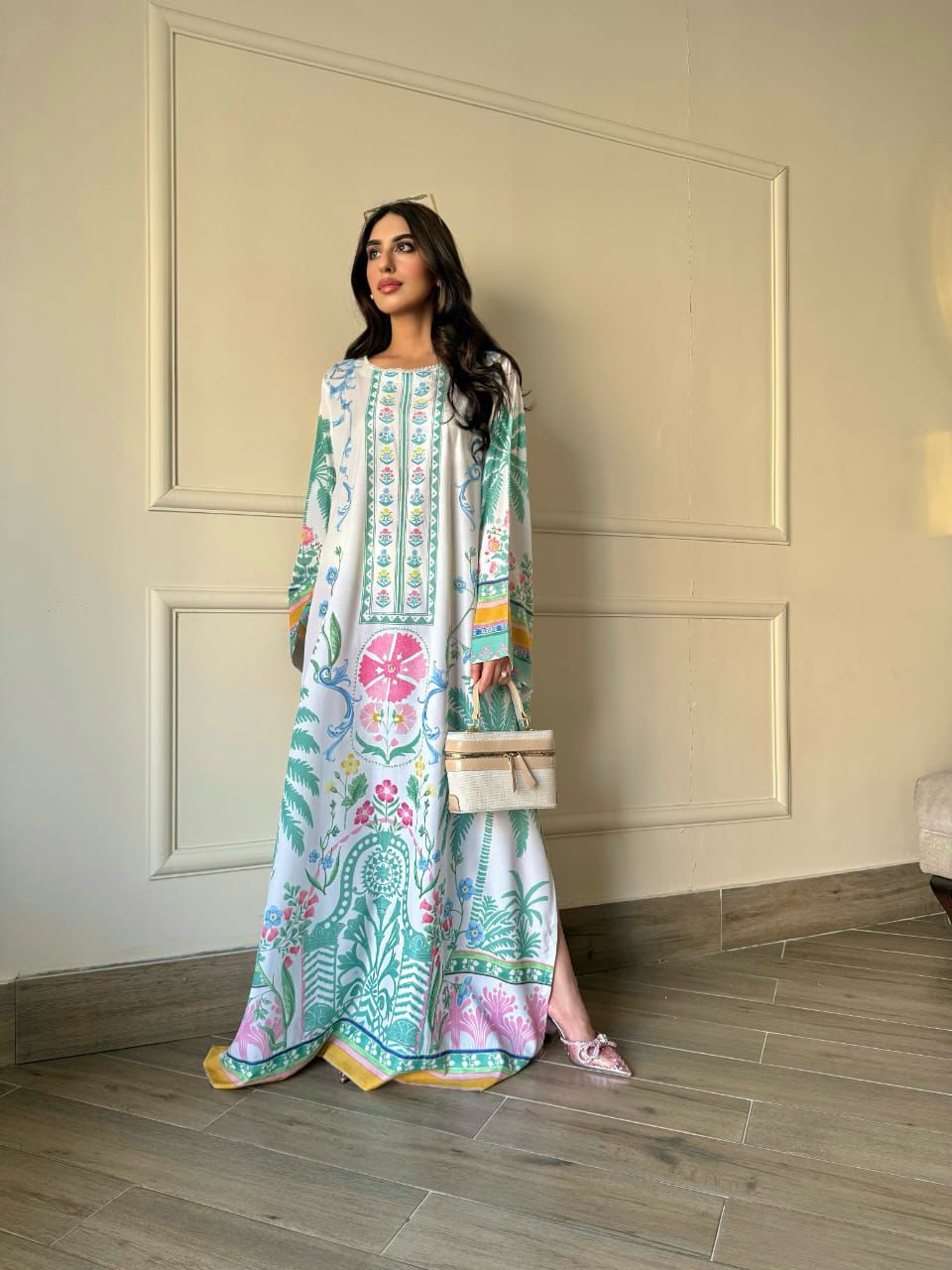 White Botanical Printed Kaftan Dress