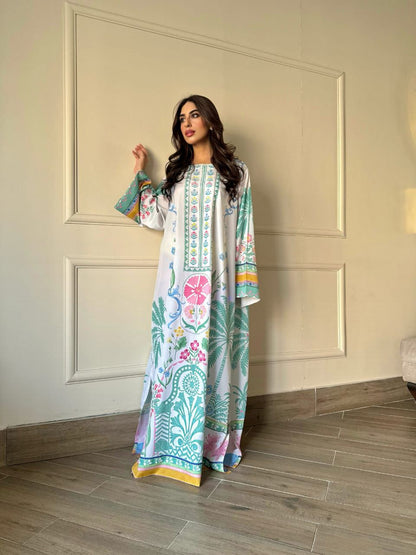 White Botanical Printed Kaftan Dress