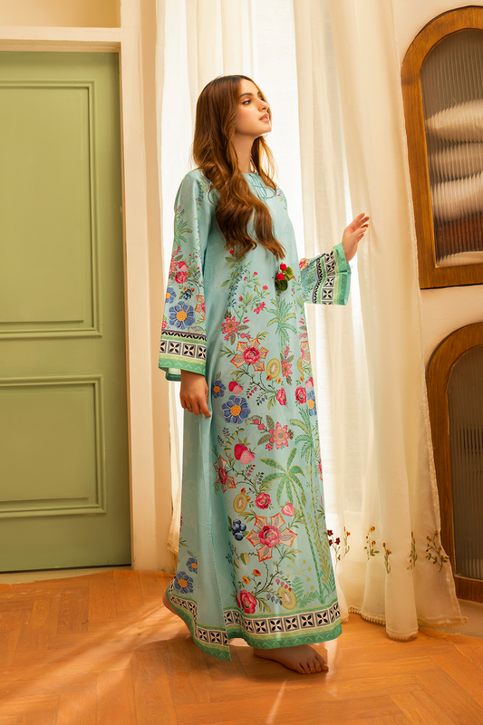Aqua Floral Printed Kaftan Dress