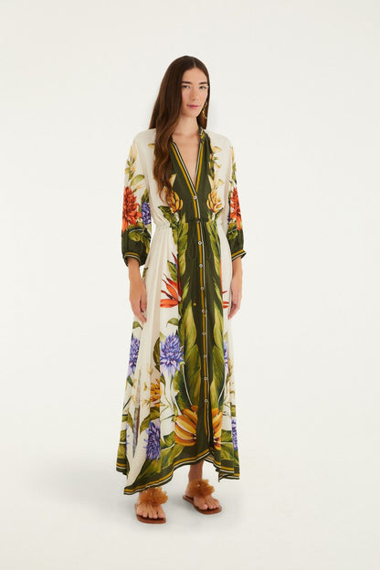 Olive Tropical Printed Kaftan Dress