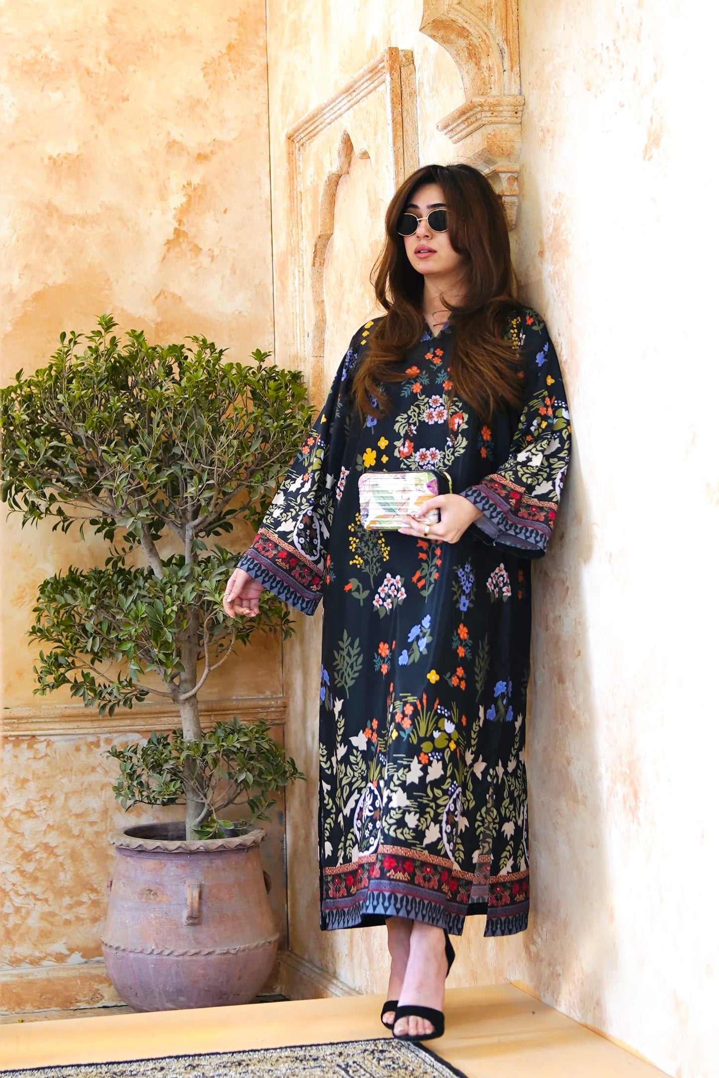 Black Floral Printed Kaftan