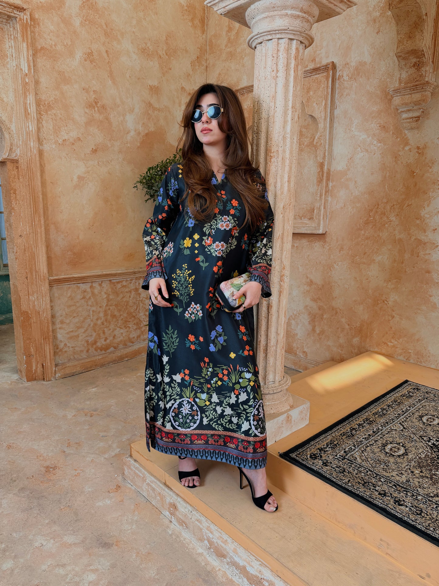 Black Floral Printed Kaftan
