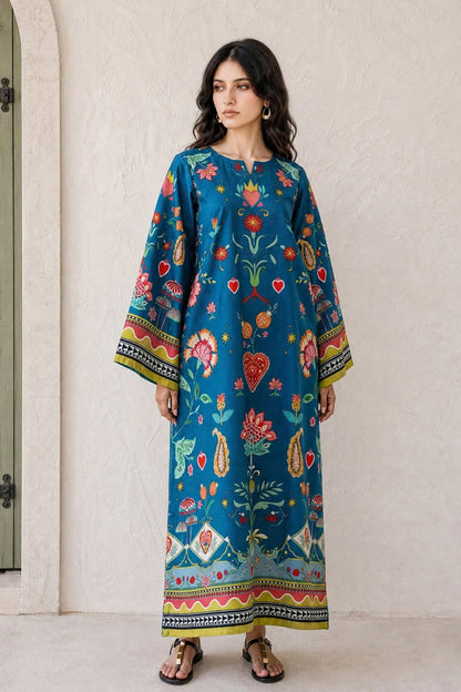 Blue Folk Kaftan Dress