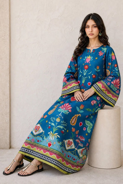 Blue Folk Kaftan Dress