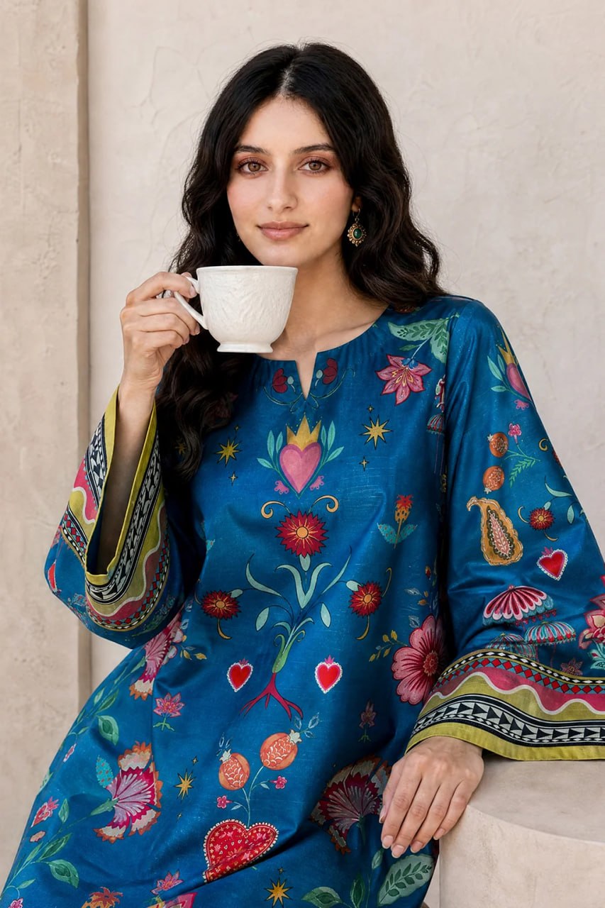 Blue Folk Kaftan Dress
