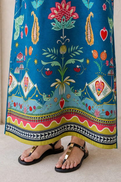 Blue Folk Kaftan Dress