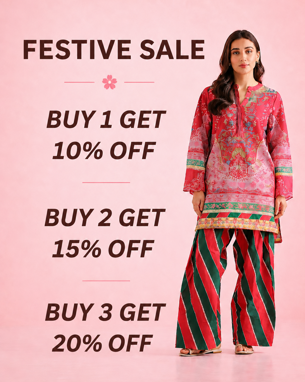 Woman in a festive outfit with promotional text on a pink background