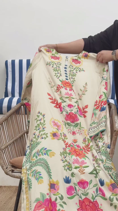 Beige Floral Printed Kaftan Dress
