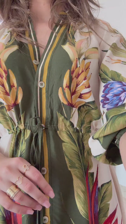 Olive Tropical Printed Kaftan Dress