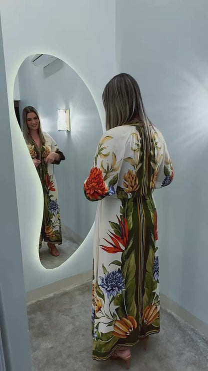 Olive Tropical Printed Kaftan Dress