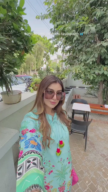 Aqua Floral Printed Kaftan Dress