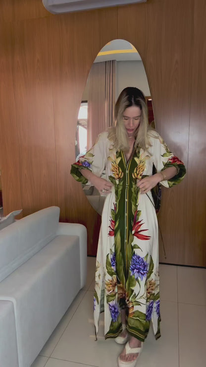 Olive Tropical Printed Kaftan Dress