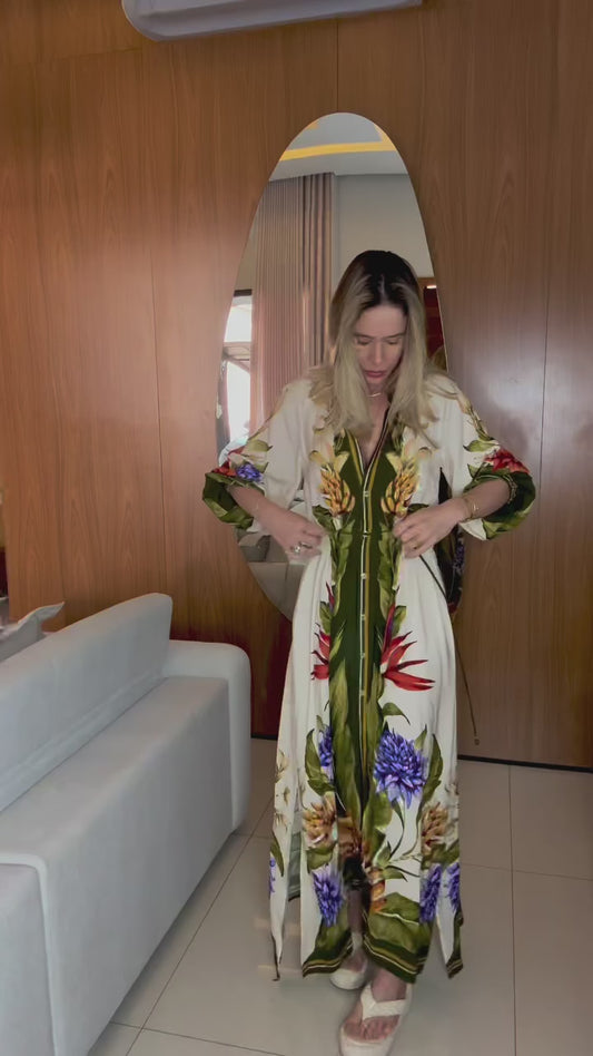 Olive Tropical Printed Kaftan Dress