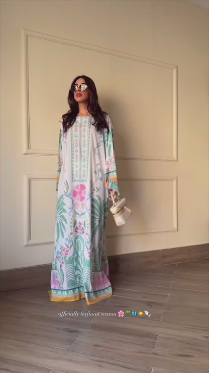 White Botanical Printed Kaftan Dress